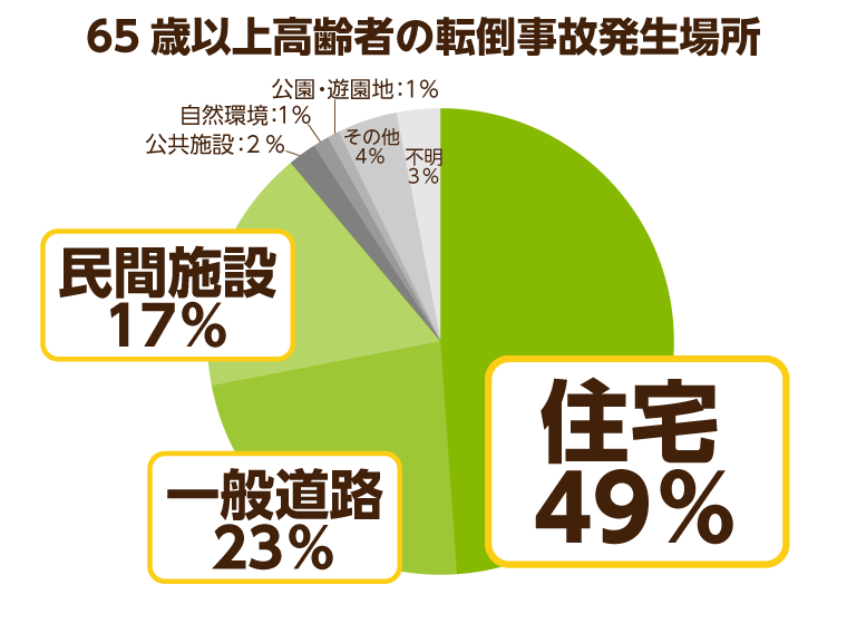 65歳以上高齢者の転倒事故発生場所の割合を示す円グラフ