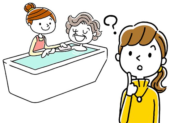 高齢女性の入浴介助をする若いエプロン姿の女性と、人差し指を立てて考えごとをする若い女性