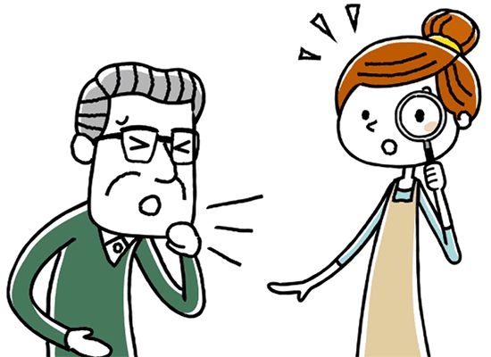 せきこむ高齢男性と虫眼鏡で高齢男性を発見する若いエプロン姿の女性