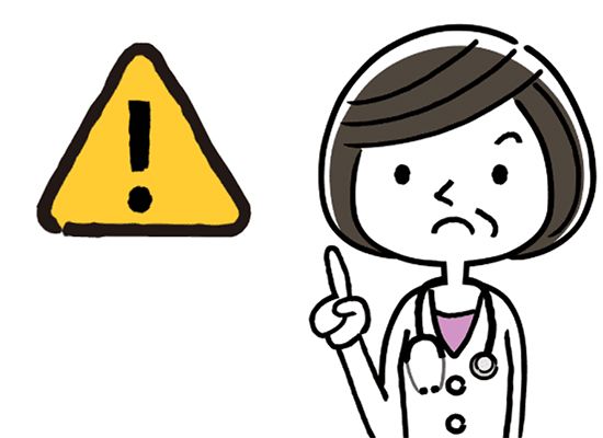 人差し指をたてて険しい表情の女性医師と注意喚起のマーク