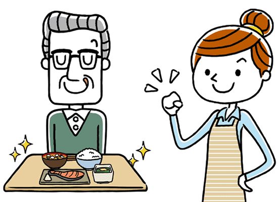 和食を前に舌なめずりをする高齢男性とガッツポーズをするエプロン姿の若い女性