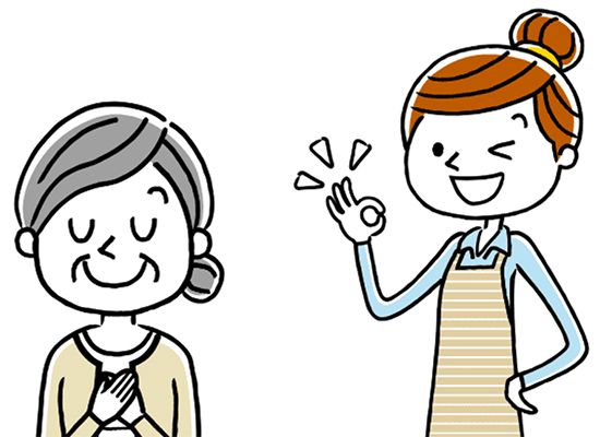 胸に手を当てて安心した様子の高齢女性と指でオッケーサインを出す若い女性