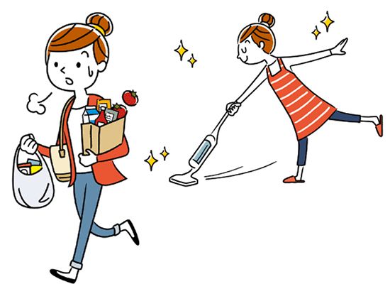 掃除や買い物をする若い女性