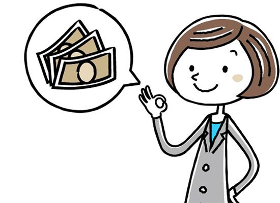 お金のことを話して、オッケーサインを出すスーツ姿の若い女性