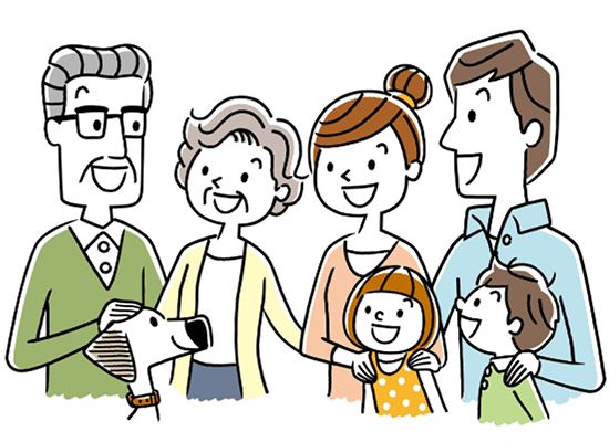 話し合いをする、老夫婦とその子ども夫婦と孫と犬