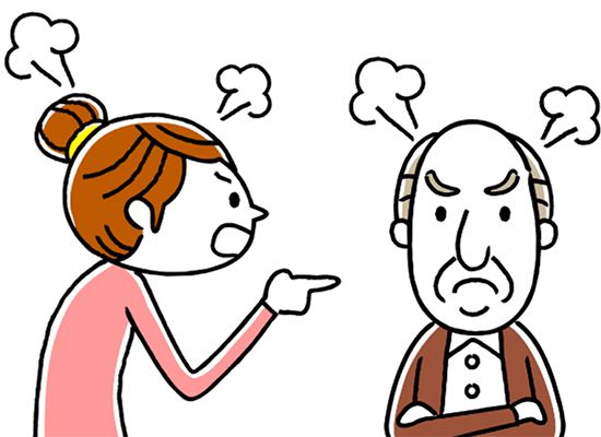 腕を組んで怒っている高齢男性と、指さして怒る若い女性