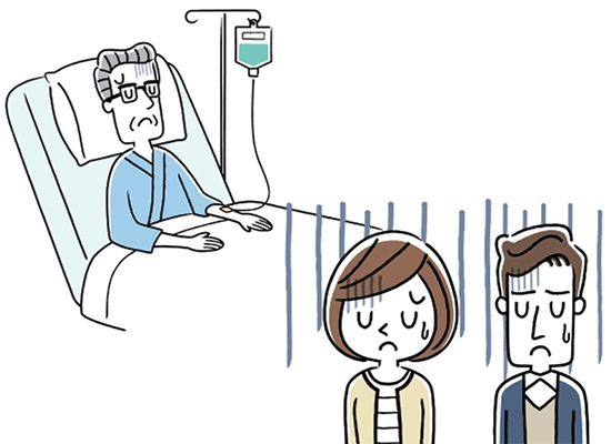 入院して点滴を受けている高齢男性と、うなだれている若い夫婦