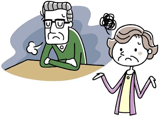 認知症の症状が進むと不安になるような言葉や小言を言うようになるイメージイラスト。