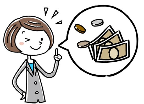 お金について説明するスーツ姿の女性