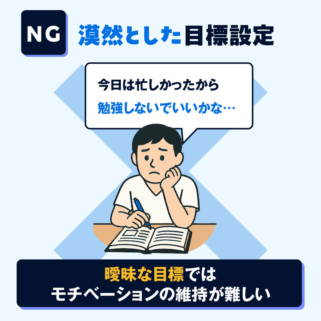 NG例：目標を決めずに勉強しモチベーションが続かない