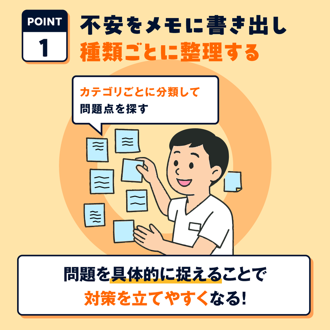 OK例：付箋やメモに不安を書き出し、種類ごとに整理する