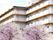 白を基調とした5階建ての建物の各フロアにベランダがあり、建物の周りには桜の木が植えられている。