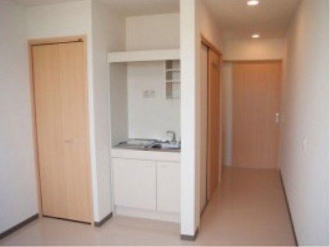 居室には、ナチュラルな木製のドアを取り付けている。壁とクローゼットに挟まれた空間に、キッチンを作っている。