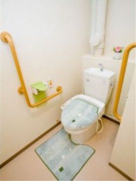 便座の左右に黄色い手すりを取り付けており、注意を引くので、利用しやすい。ペーパーホルダーの近くに、緊急時に用いるボタンがある。
