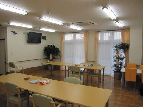 壁掛けの大型テレビがあり、窓のそばにグリーンが置かれた食堂