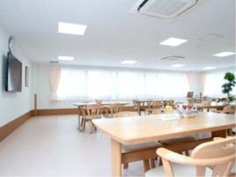 壁に大きなテレビがあり、２方向から光の入る明るい食堂