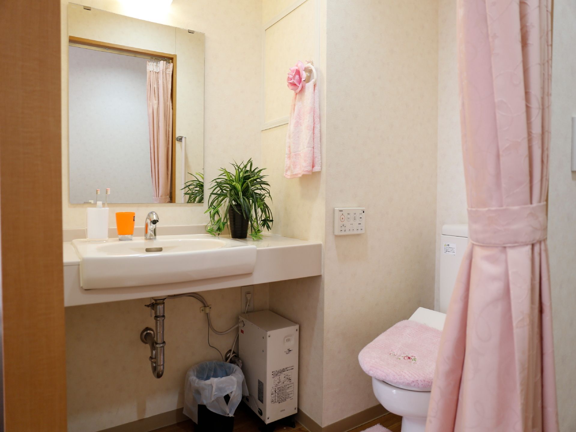 カーテンで仕切られたトイレと洗面所が一緒になっているので、導線が楽になっている。車椅子でも使用できるタイプの洗面台。