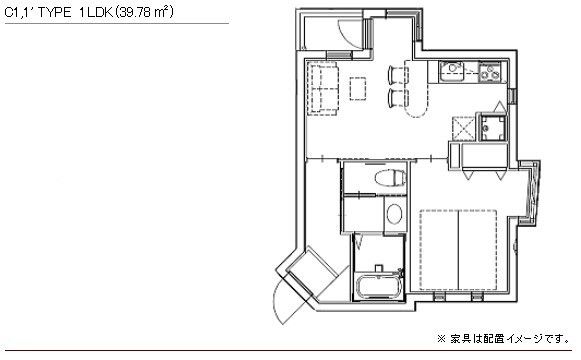アイエスコート西麻布のＣ1,1ʻ TYPE 1LDKの間取り図