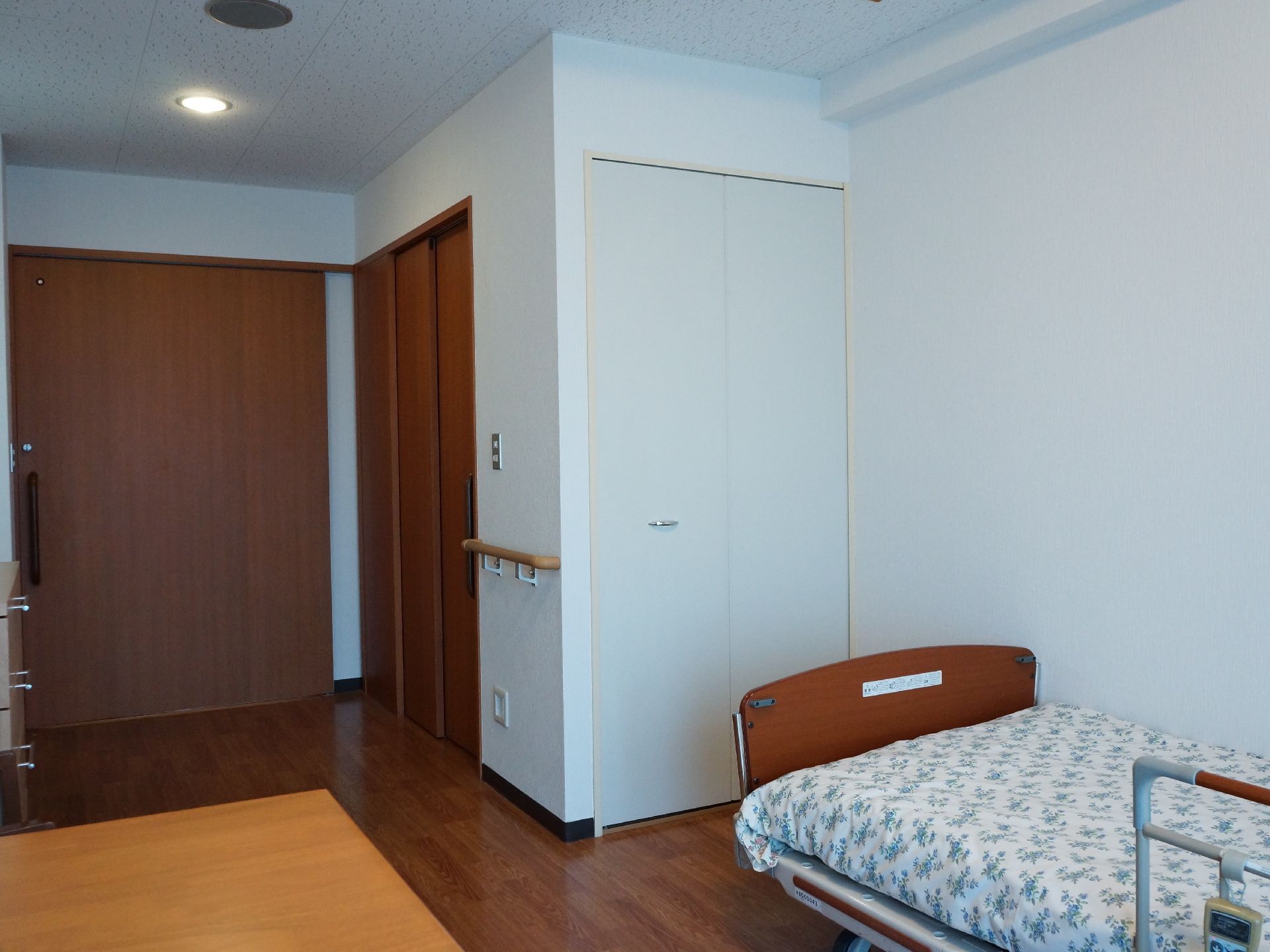 白色の壁と天井、焦げ茶色の床とドア。壁際には手すりが設置してあり、出入口は、幅広い引き戸になっている。