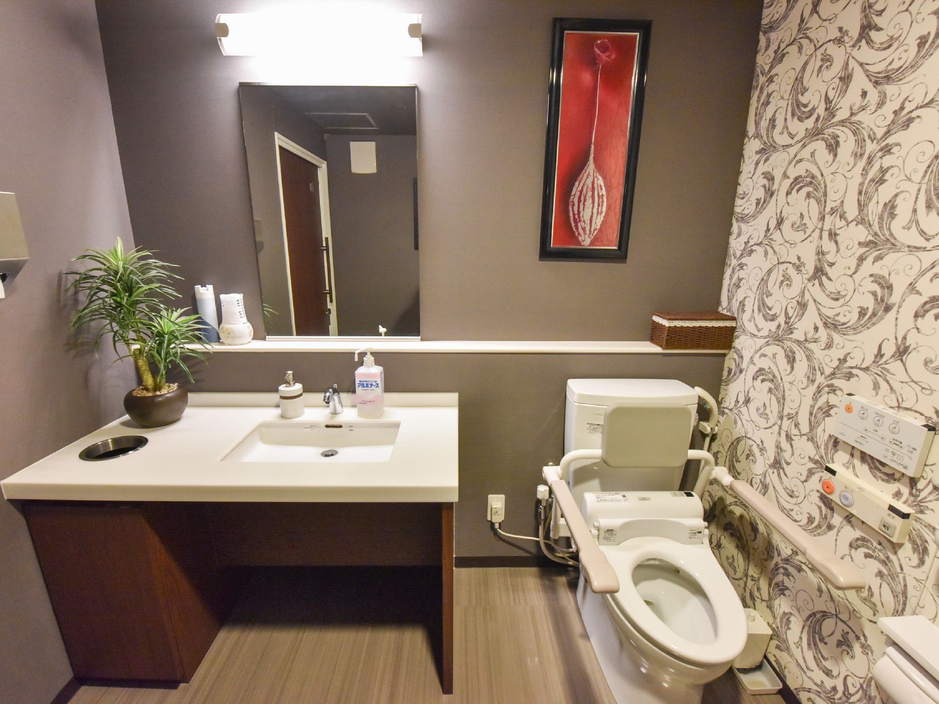 洗面台とトイレが並んでいる。洗面台には植物が置かれている。トイレには背もたれや手すりが取り付けられている。