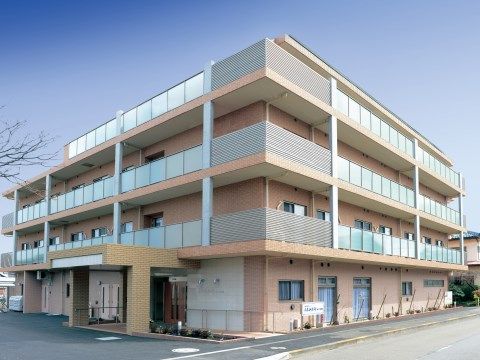 ピンクに近い色の外壁で、各階全体を取り巻くようにベランダのある建物