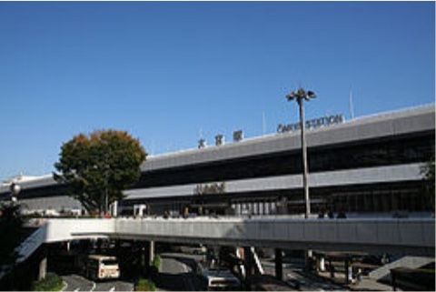 大きな駅で、屋根のところに駅名が掲げられている。駅の前には歩道橋があり、その下には道路が３か所ある。