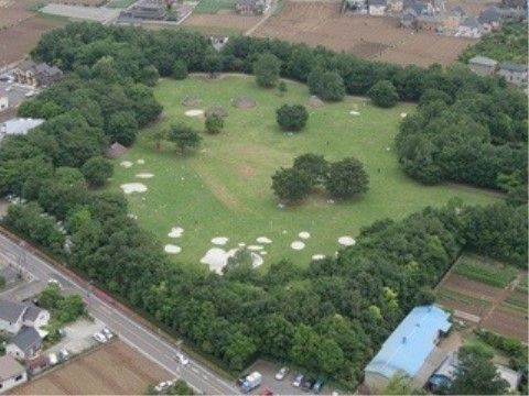 田畑と民家に周りを囲まれた大きな公園がある。公園にはたくさんの樹木が植えられ、芝生が敷かれている。駐車場に数台の車が停められている。