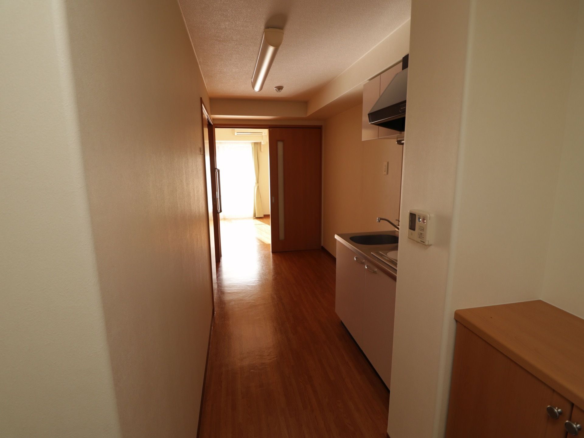 居室に入ると右手に腰ほどの高さの下駄箱がある。その向こうに小型キッチンがあり、流し台とコンロが見えている。