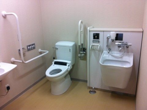 共用のトイレには、両脇に手すりの取り付けられた洋式トイレと、オストメイト対応トイレの設備が並んでいる。