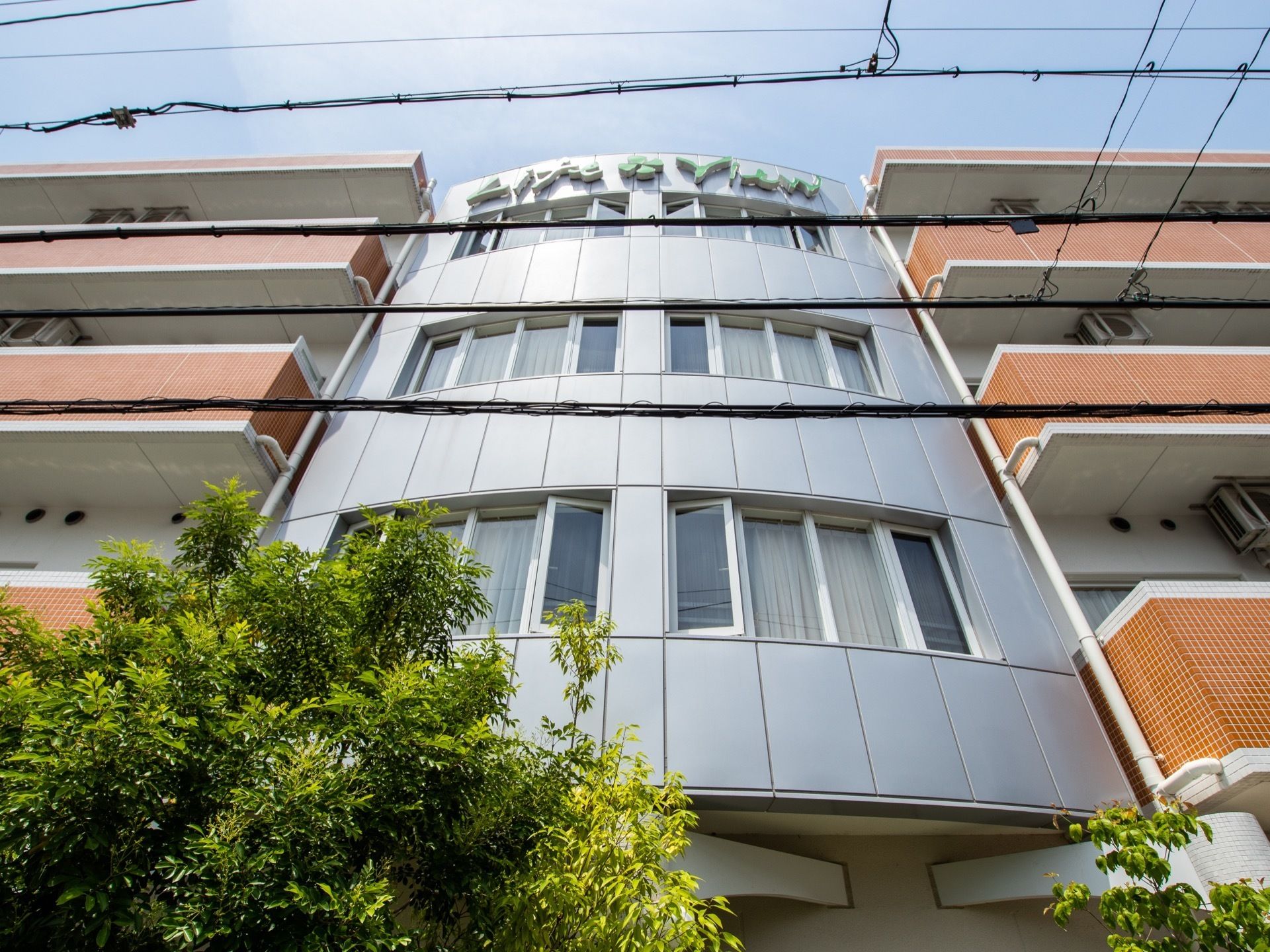 左右対称の外観で、中央のみ食堂や談話室が入るシルバーの棟が建つ。左右には、バルコニー付きの居室が並んでいる。