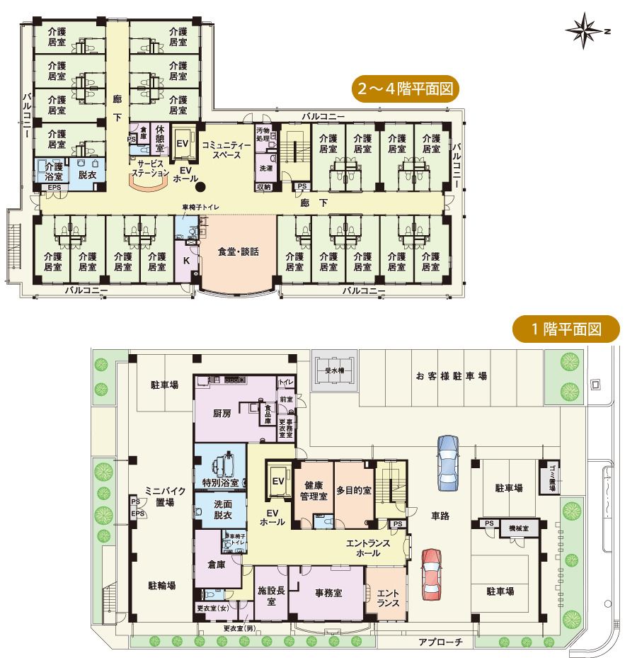 介護付有料老人ホーム ライフビュー長居公園通りの1～4階のフロアマップ