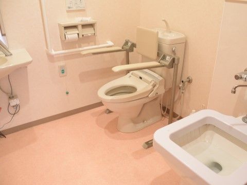 洗面台と両側に手すりのついた洋式便器のある広いトイレ