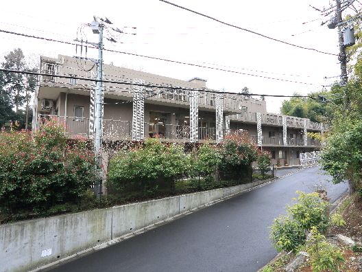 ブラウン系の外壁の建物の周りには草木が植えられ、道路もある。空は曇り空。