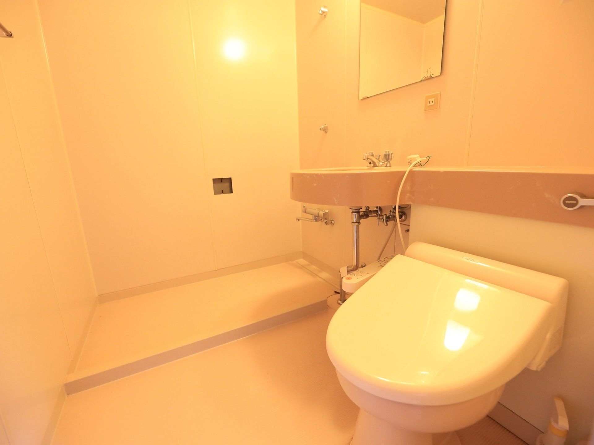 温水洗浄便座機能付きのトイレが設置されている。横にトイレのタンクと一体になった洗面台があり、壁には鏡が取りつけられている。