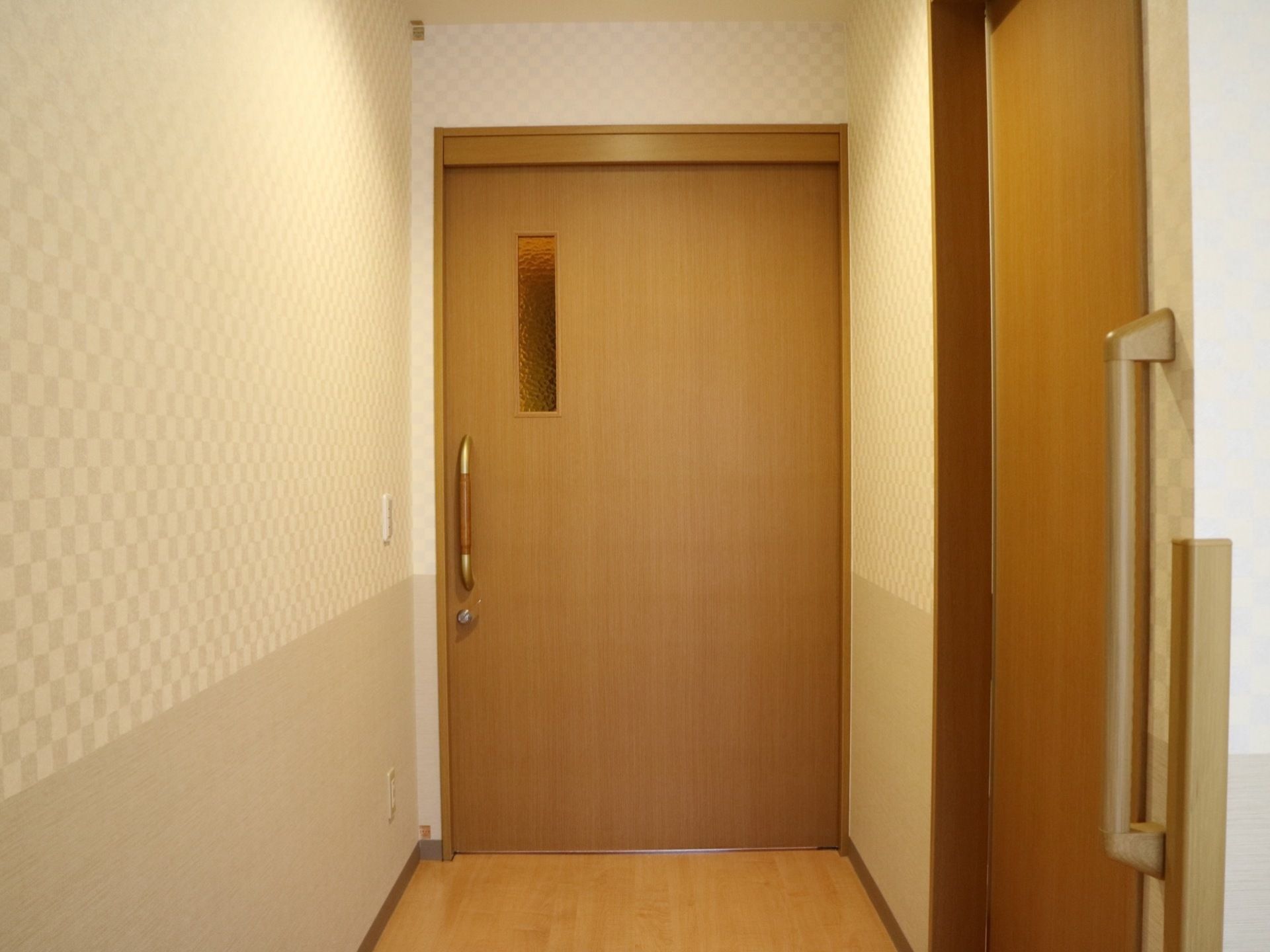 居室入口は、上部にすりガラスが入った、薄茶色の引き戸である。リビングに入る手前の壁には、縦方向の手すりが設置されている。