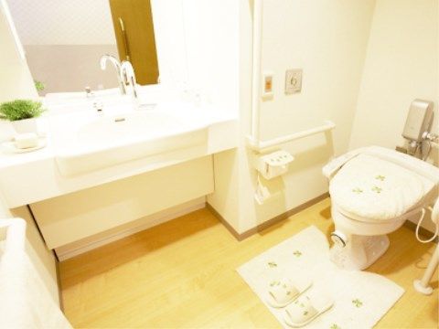 トイレ前のスペースはしっかりと空けられており、車椅子でも利用しやすい。手洗いは埋込式のため、移動の邪魔にならない。