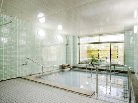 緑色のタイルの壁とグレーのタイルの床になっている。浴槽は広く、壁際には手すりがついており、安全に移動することができる。