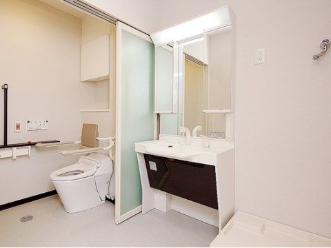 トイレの扉は引き戸になっており、段差が一切ない。車椅子のまま使用することができる洗礼されたデザインの洗面台が設置されている。