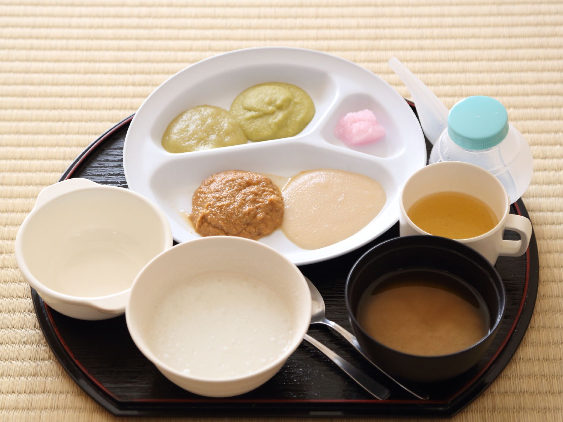 黒い半月盆に全てミキサー食になったご飯やみそ汁、おかずが載せられている。吸い飲みやマグカップに入ったお茶も用意されている。