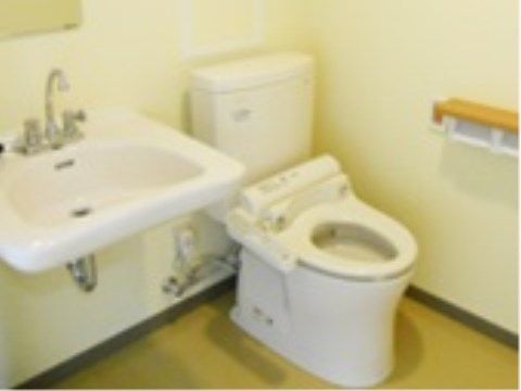 ボタン操作により洗浄等が行えるトイレがあり、便座はやや低めの位置にある。便器のすぐ隣に洗面台が備え付けられている。