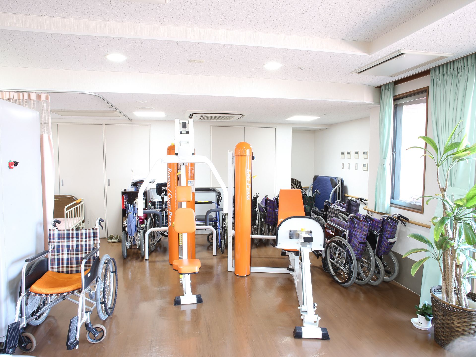 白い壁に、茶色の木目の床、中央に運動器具が設置してあり、そばには、いくつかの車椅子が置いてある。そして、明るい窓際には、観葉植物。