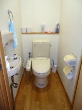 便器の奥には天板が木製のカウンターになっており、消臭剤やトイレットペーパーなどの用品を置くことができる。