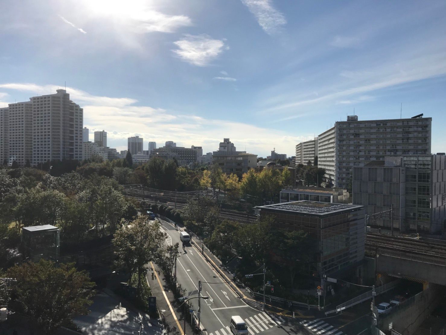景色。ビル群と緑の木々が相まみえる都会の景色
