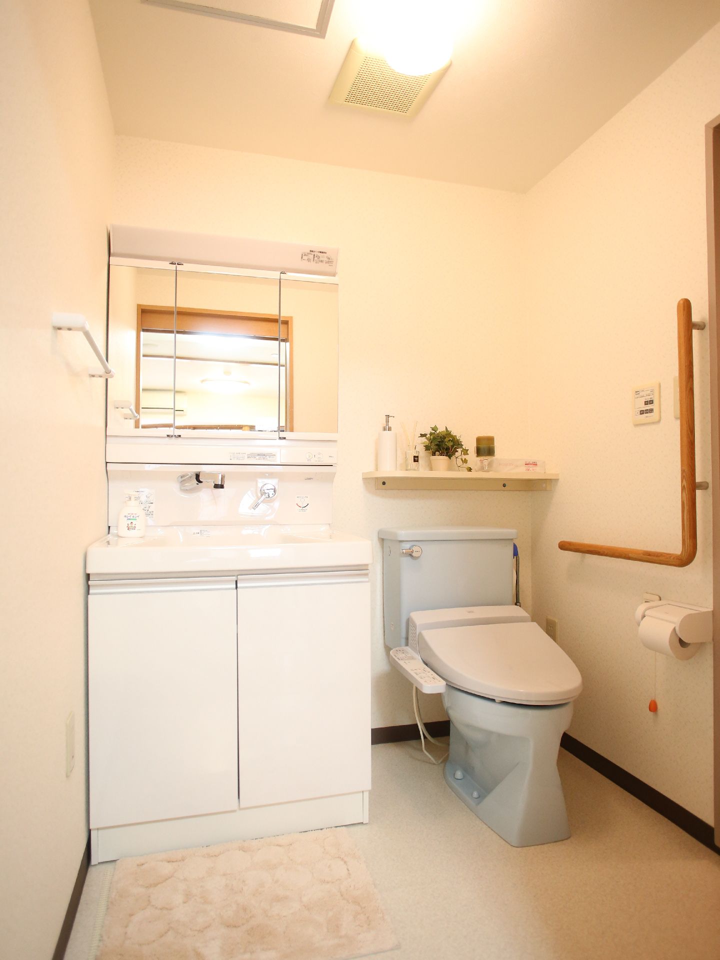 白色を基調としたトイレスペースである。便器の後ろには棚があり、小さな観葉植物を飾ったり、ソープなどを置いている。