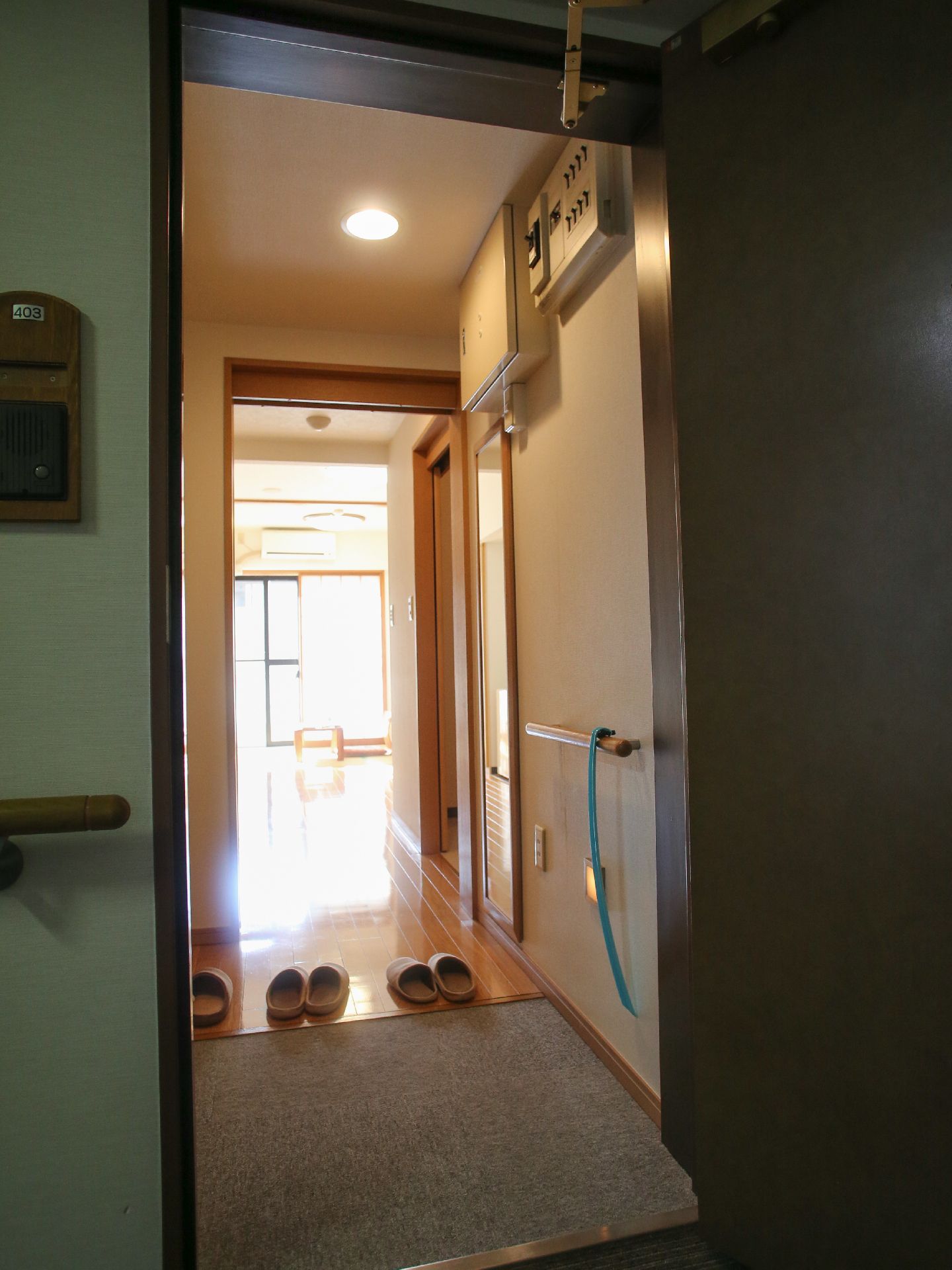 居室のドアから入った所にスリッパを置いている。横側に手すりを設け、靴ベラを掛けている。正面には、ガラス戸が見える。