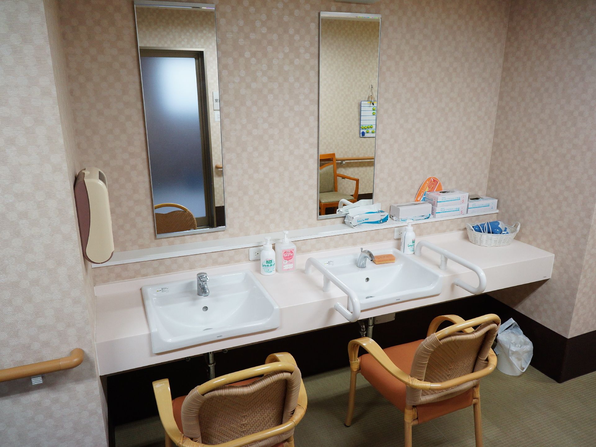 椅子に座ってご利用になれる洗面台が2つ並んで設置されている。縦長の大きな鏡や手摺りが設置されている。