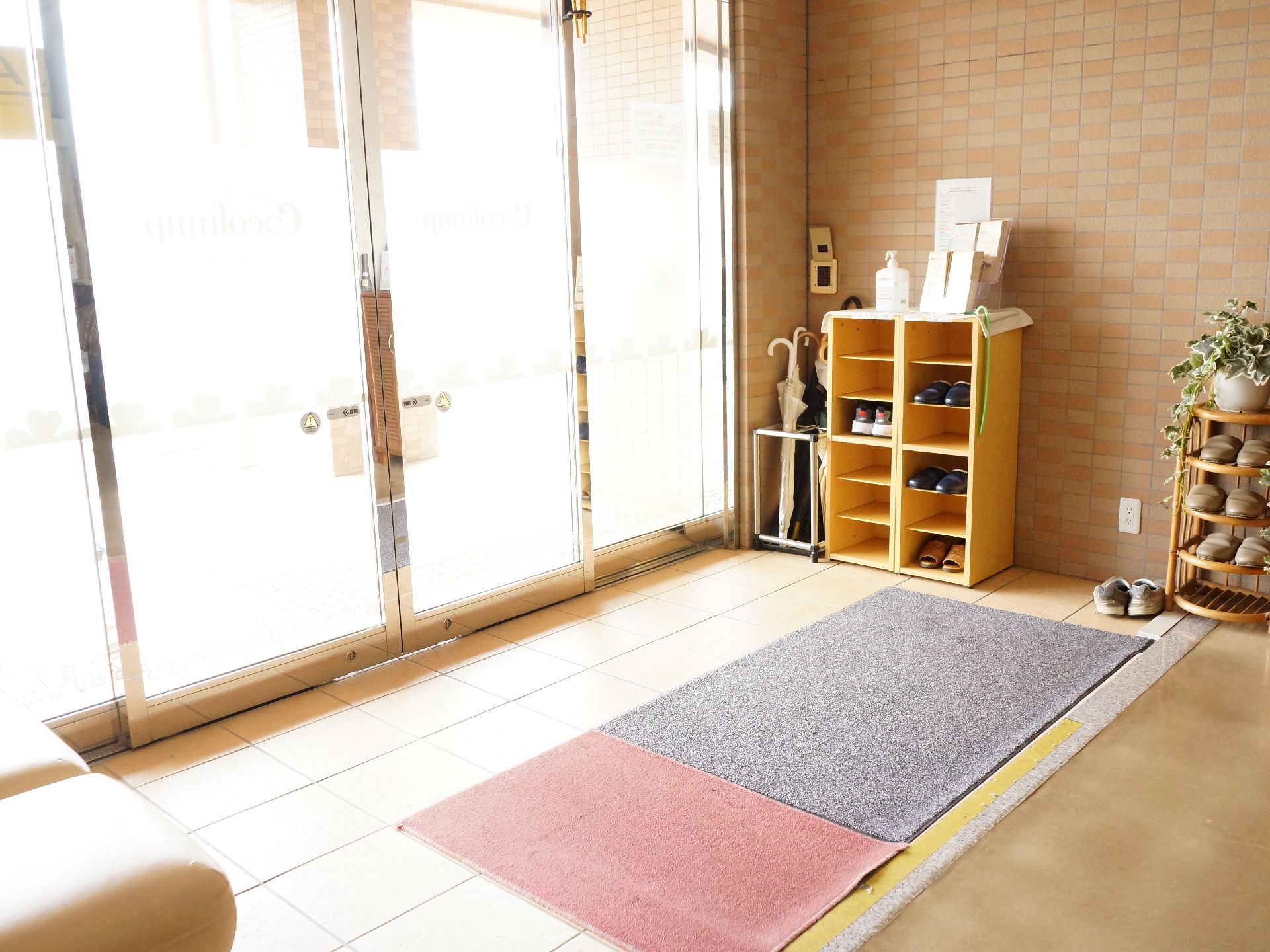 自動ドア部分から光が差し込んでいる玄関は、壁際に靴箱や傘立て、地面には黒と赤のマットが敷かれている。
