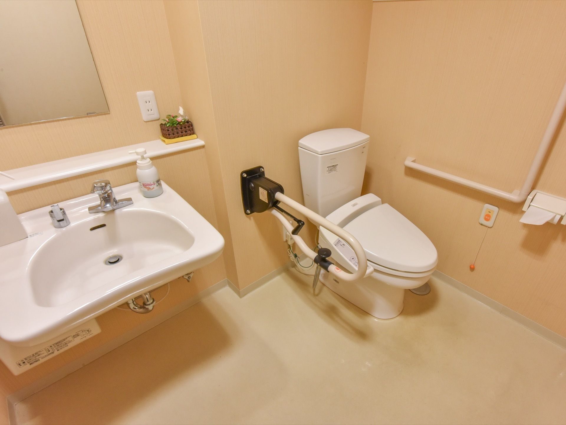 トイレの個室内に、手洗い場も併設されている。トイレの操作ボタンが、手元にあるタイプ。両側に手すりが付いている。