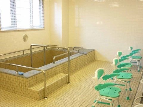 浴槽の階段には、左右に摑まれる手すりを設けている。また浴槽内にも立った姿勢で使える手すりがあり、安全面に配慮したつくりである。