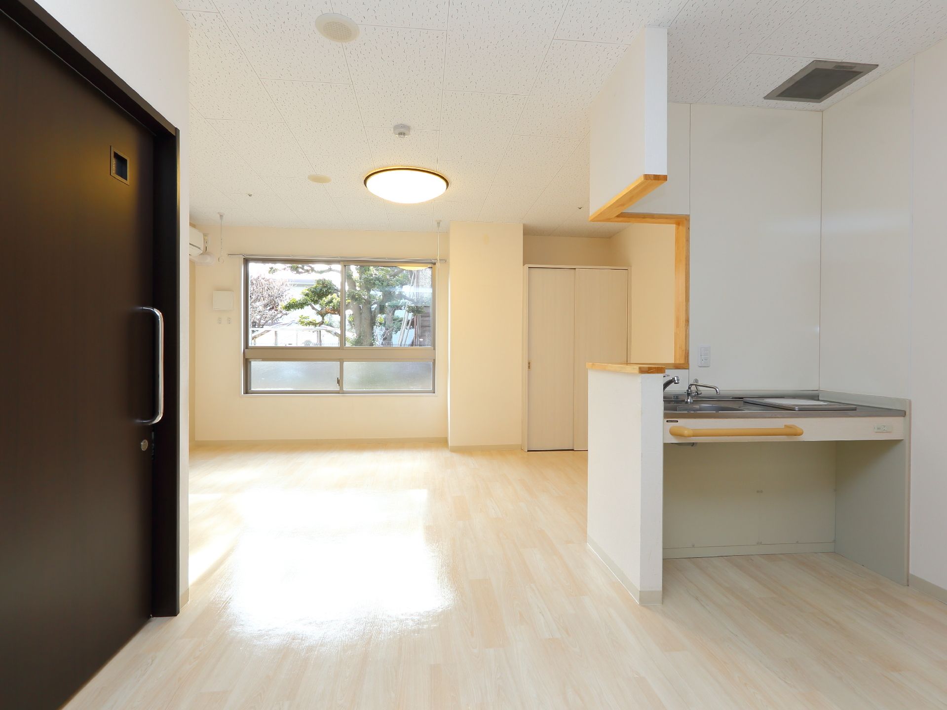 キッチンのついた部屋があり、小さな流し台と、安全に使えるIHコンロが設置されている。タオル掛け兼手すりも設置されている。
